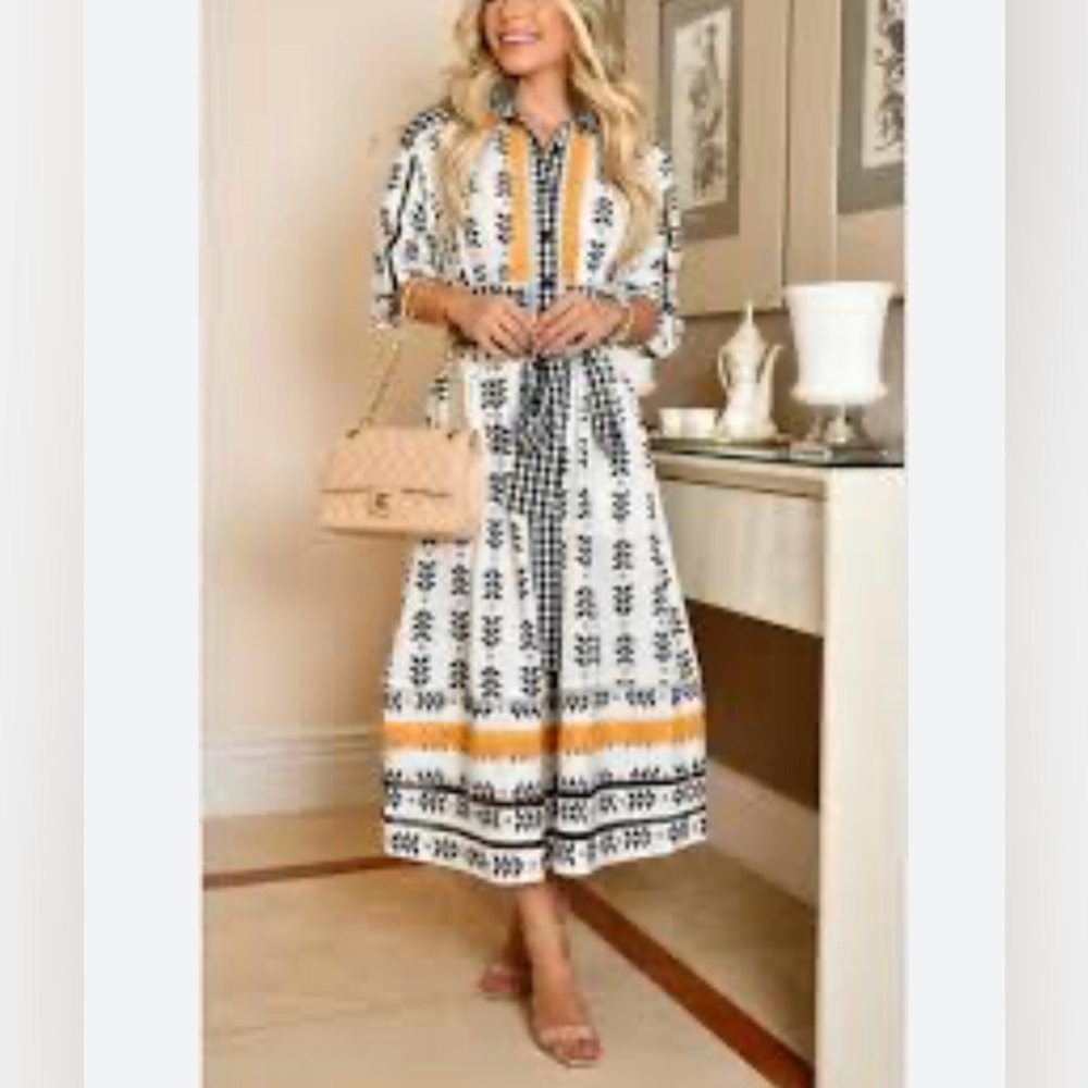 Dodo Bar Or White and Black Midi Dress with Yellow Accents, Size L, 100% cotton